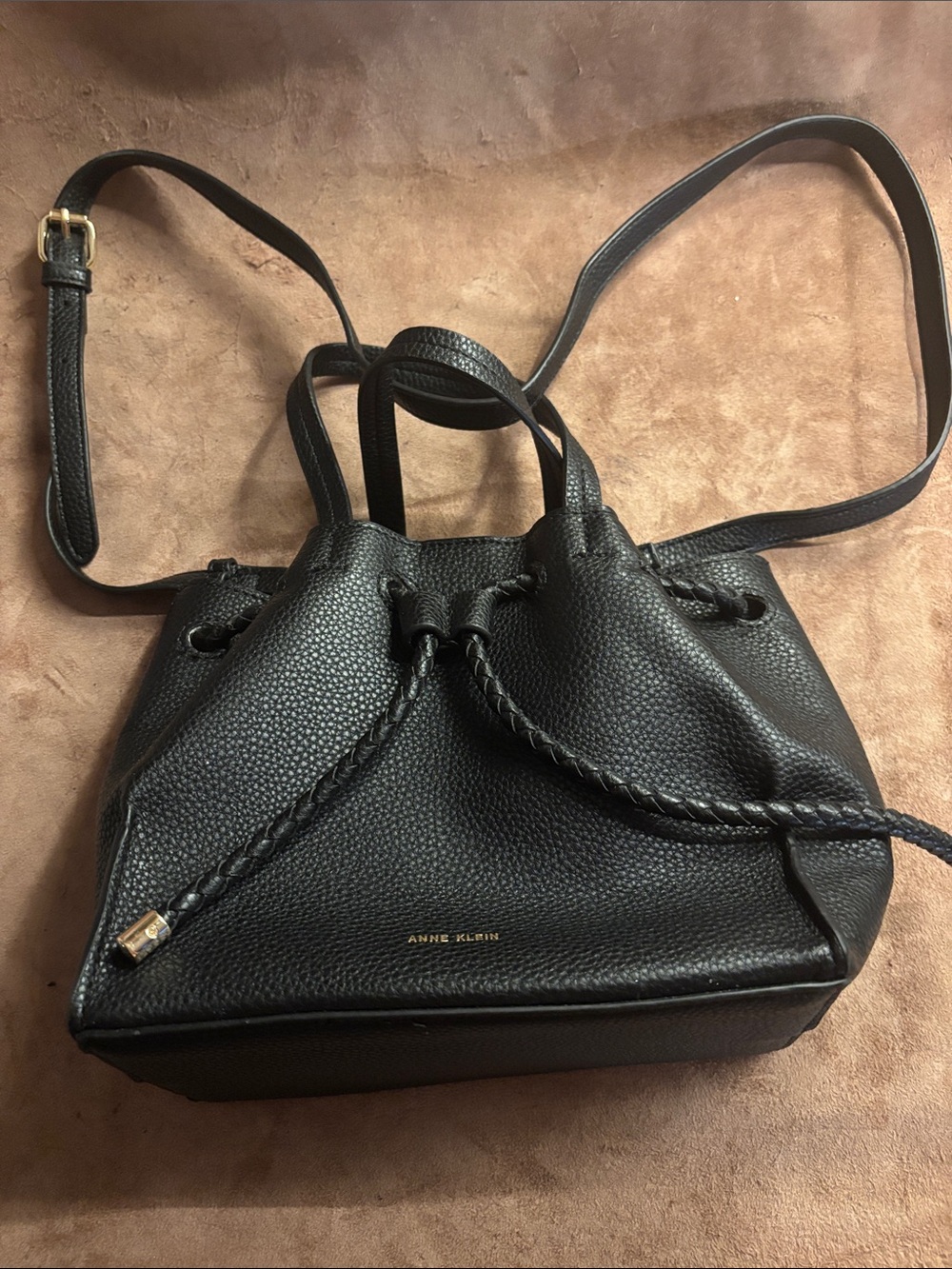 Anne Klein Black Pebbled Leather Drawstring Crossbody Satchel